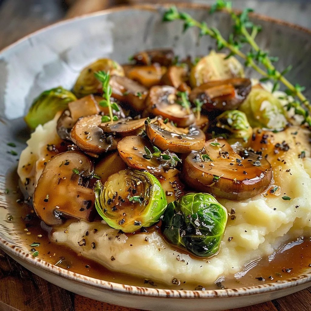 Pilzpfanne Rosenkohl Kartoffelpüree