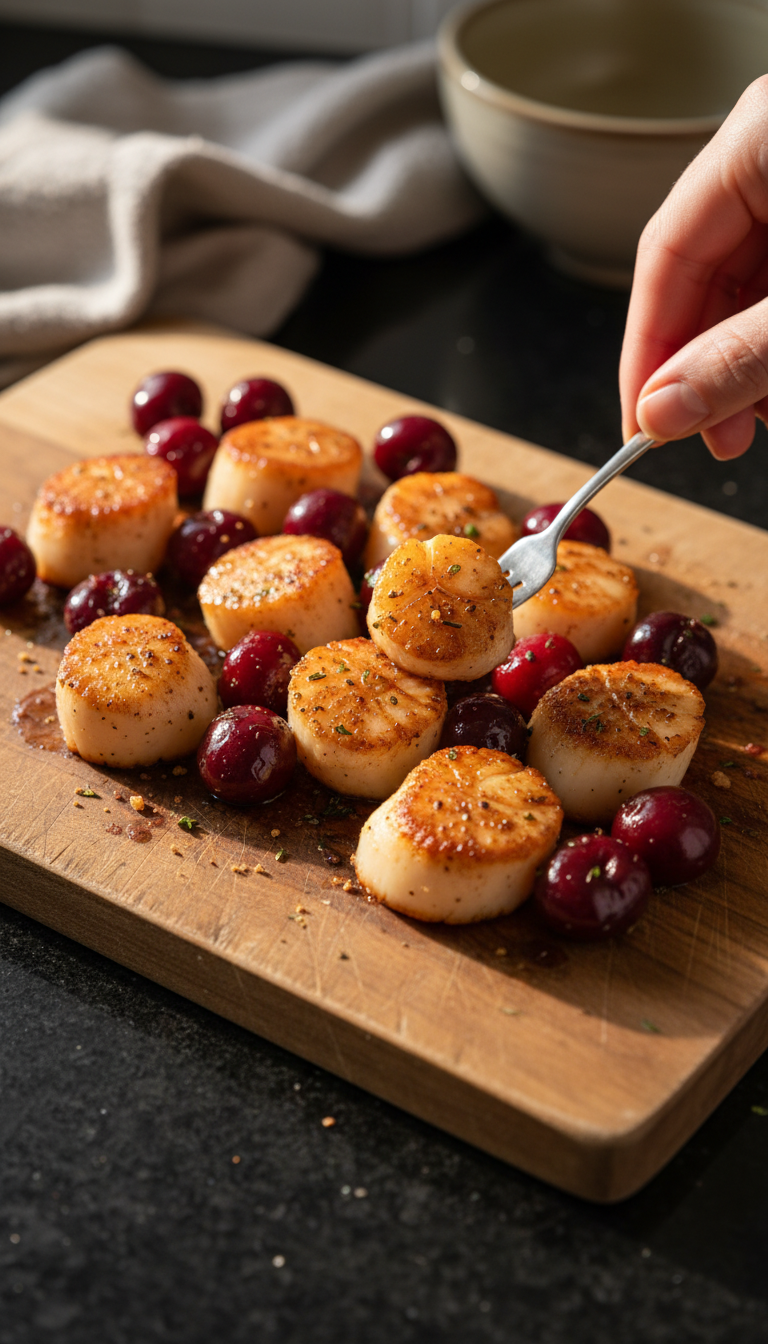 Pfannen Jakobsmuscheln mit Kirschen