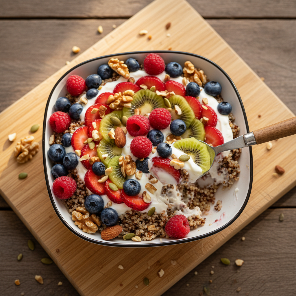 Nussige Quinoa Frucht Bowl
