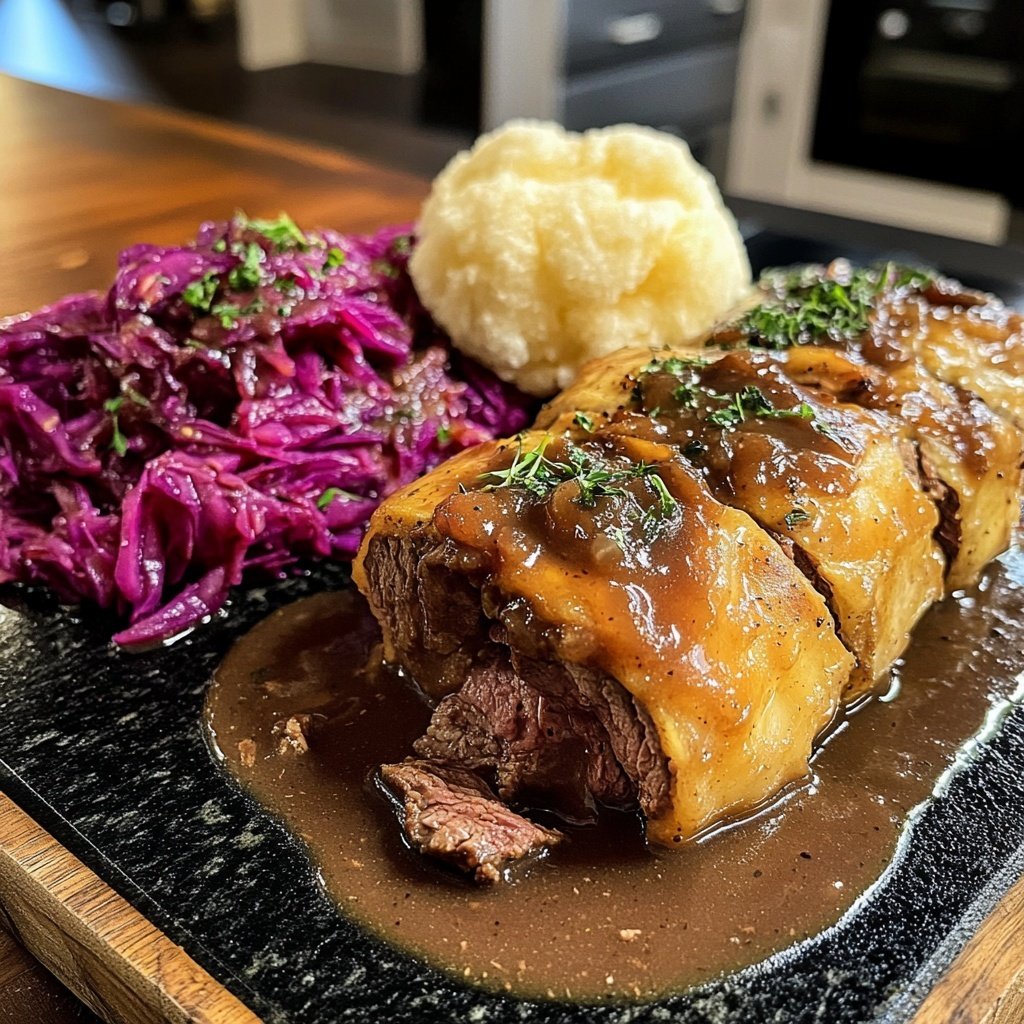 Geschmorte Rinderrouladen mit Rotkohl und Klößen
