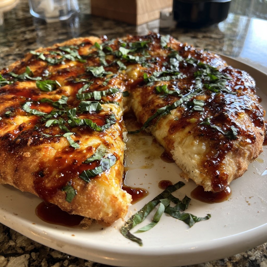 Heißhonig Pizza mit frischem Basilikum