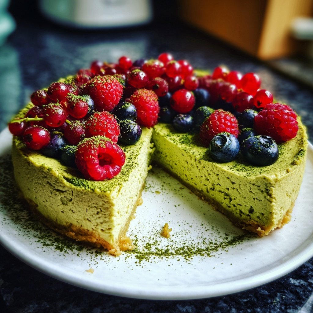 Japanischer Matcha Käsekuchen mit Beeren