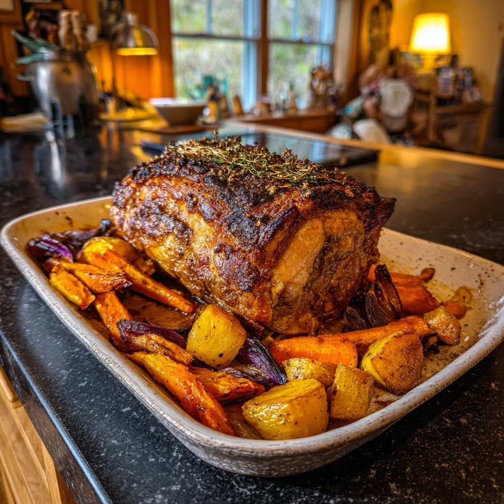 Schweinebraten mit Schwarzwurzeln gebraten