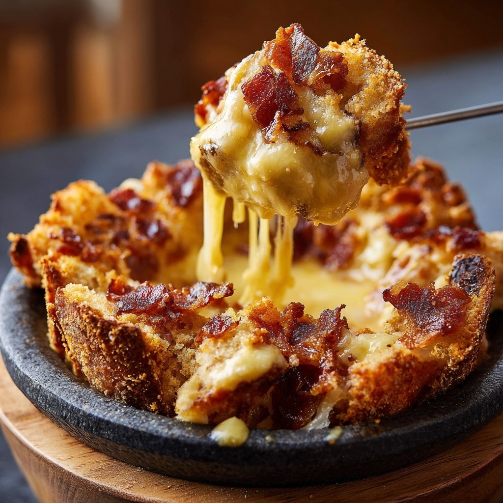 Geschmolzenes Schweizer Käse und Speck Fondue